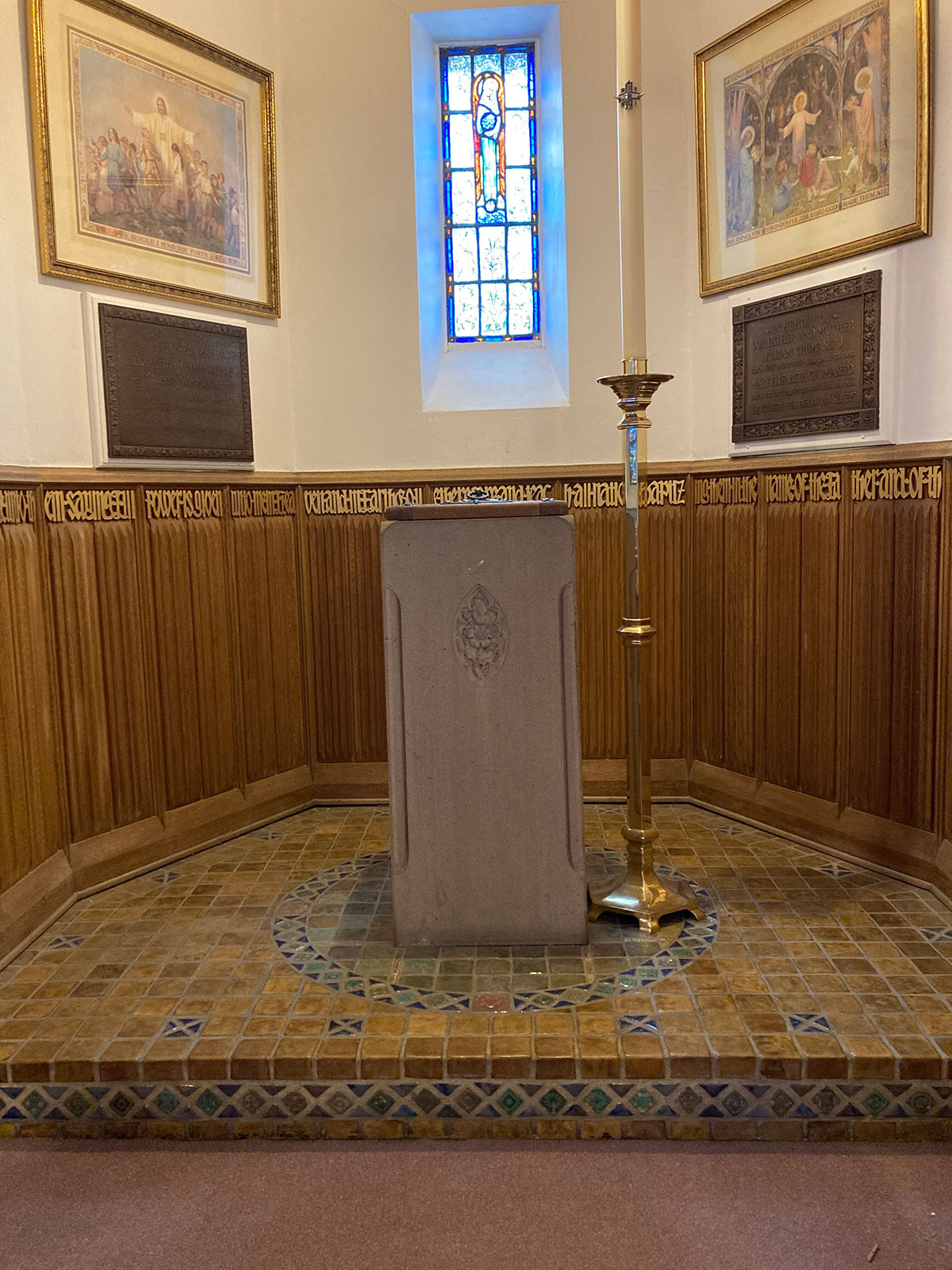Baptism and sacred statue detail inside St. Peter’s Episcopal Cathedral