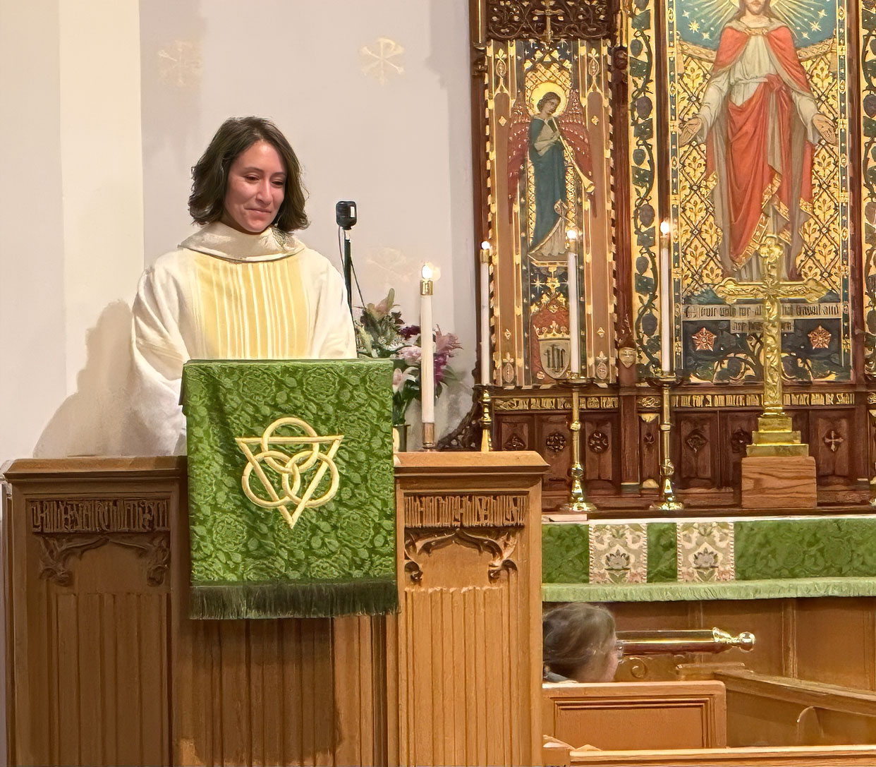 Dean Kendra Wilde welcoming people to St. Peter's Episcopal Cathedral in Helena
